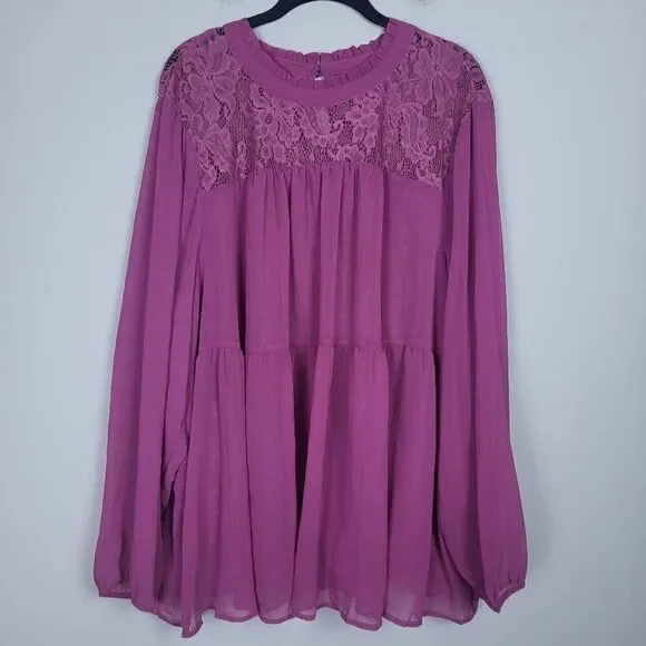 Torrid Womens Babydoll Tiered Top Purple 4x Lace Embroidered Long Sleeve Flowy - Picture 1 of 7